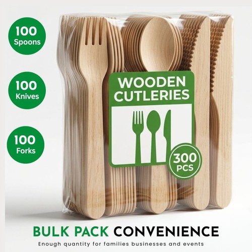 300pc wooden cutlery set - wooden,